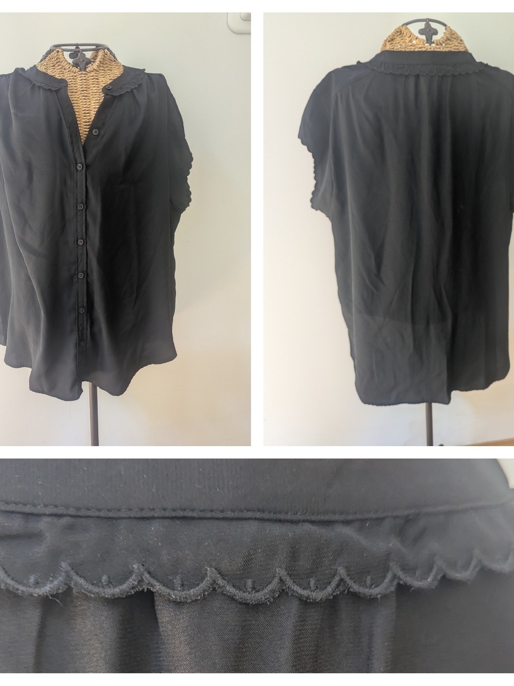 Joie Black Sleeveless Poly Washable Button-Front Blouse with Scallop Trim L